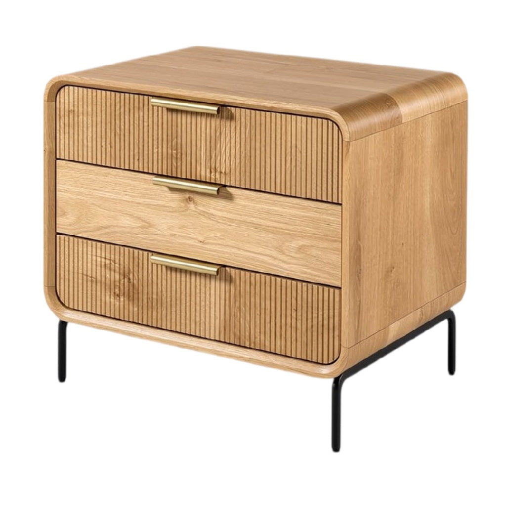 **Technische titel in het Nederlands: Modern houten nachtkastje met laden en metalen poten**