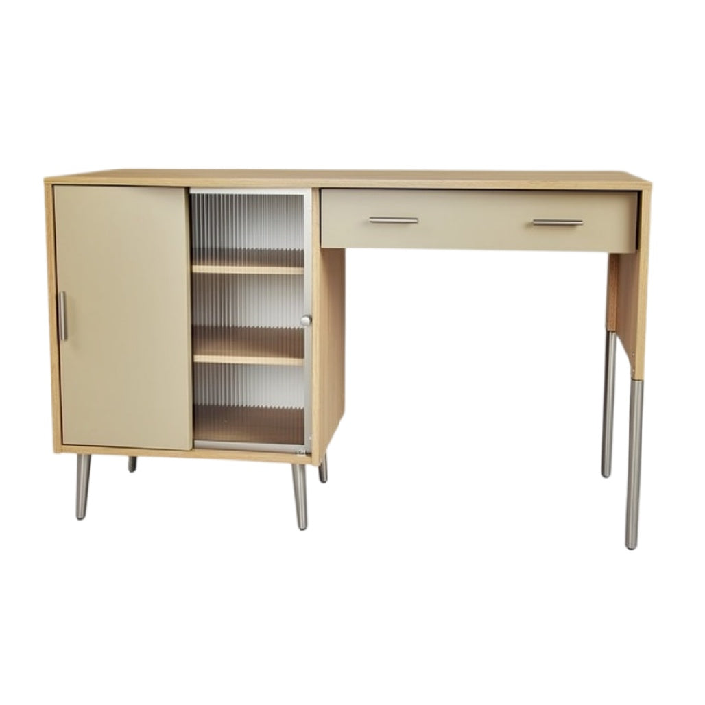 Technische titel in het Nederlands: **Moderne houten bureau met schuifdeur en lades**